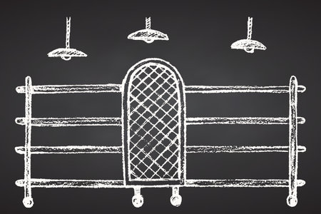 Empty Clothes hanger rack in interior of store, boutique, showroom. Shelves of wardrobe. Hand drawing sketch on chalkboard background. Vector illustration.のイラスト素材