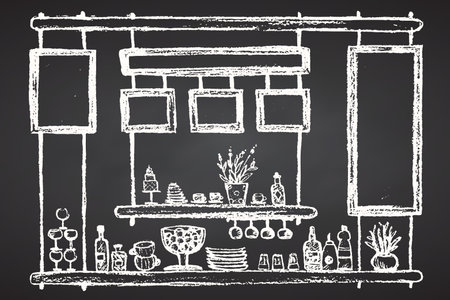 Shop window in interior of restaurant, cafe. bar. Shelves for dishes, glasses, bottles. Boards for menus, advertising and prices. Hand drawing sketch on chalkboard background. Vector illustration.のイラスト素材
