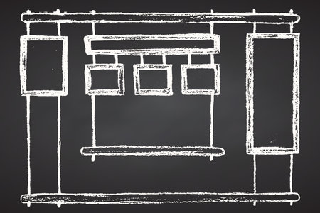 Shop window in interior of restaurant, cafe. bar. Shelves for dishes, glasses, bottles. Boards for menus, advertising and prices. Hand drawing sketch on chalkboard background. Vector illustration.のイラスト素材