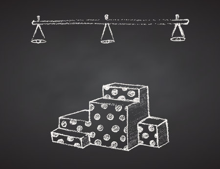 Empty podium for clothes in interior of store, boutique, showroom. Shelves of wardrobe. Hand drawing sketch on chalkboard background. Vector illustration.のイラスト素材