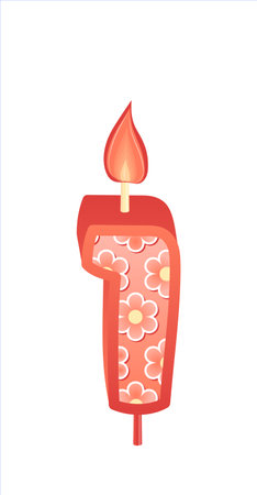 Happy Birthday cake font with pink yellow candle. One year, symbol of number anniversary. Quinceanera girl party decor. Cartoon vector illustration.のイラスト素材