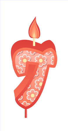 Happy Birthday cake font with pink yellow candle. seven year, symbol of number anniversary. Quinceanera girl party decor. Cartoon vector illustration.のイラスト素材