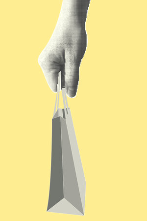 Shopping or delivery service banner theme with collage hands holding shopping bags. Sale banner concept. Minimalist finance savings metaphor concept. Vector illustrationのイラスト素材