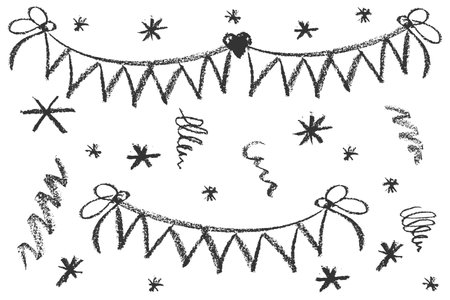 Collection of hand drawn charcoal doodle birthday party simbol shapes Childish girly style. Pencil drawings Black elements on white background. Vector illustration.のイラスト素材