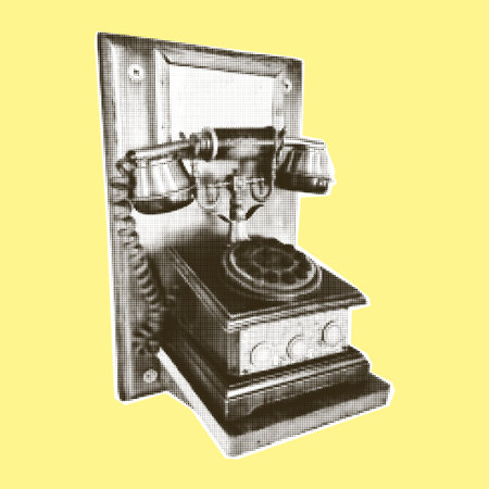 Retro phone. Vintage telephone. Halftone trendy cut out paper collage element isolated on yellow background, Polka dot pop art style texture Vector illustrationのイラスト素材