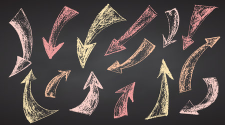 Set crayon hand drawn pastel arrows in different directions on black chalkboard Chalk, brush drawing bold elements Collection doodle thick geometric collage shapes Brutal contemporary figures Vectorのイラスト素材