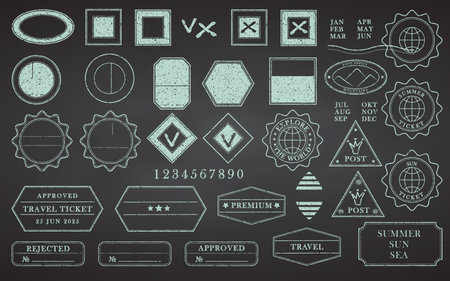 Blank postage rubber stamps on black chalkboard. Office stamps. Clean post postmark template. Vintage sticker collection, travel destination mail, tourism, mountain, summer, sun Vector illustrationのイラスト素材