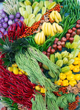 Group of fresh fruit and colourful vegetable as backgroundの写真素材