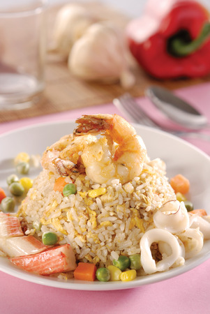 seafood fried rice with green beanの写真素材