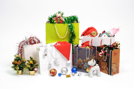 christmas gift and shopping bag on white backgroundの写真素材
