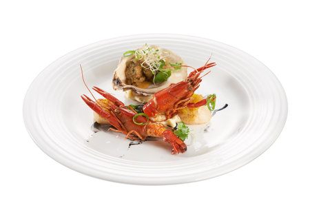 Fine dine seafood dish serving lobster and clamの写真素材