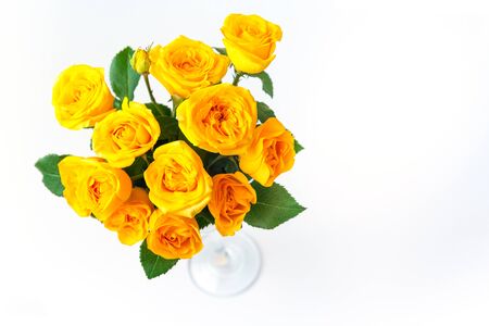 Bouquet of yellow roses is on a white background. Flowers are horizontal close-upの写真素材