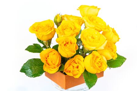 Bouquet of yellow roses is in a small orange box on a white background. Flowers are horizontal close-upの写真素材