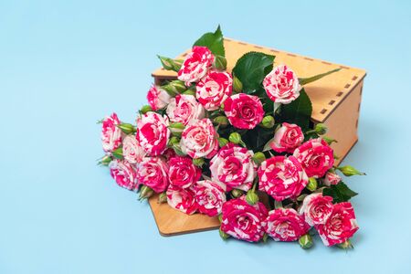 Bouquet of pink roses is in wooden box on a blue background. Flowers are horizontal close-up.の写真素材