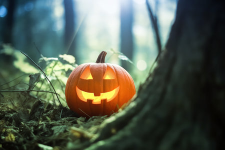 Halloween pumpkin with glowing eyes is in a mystic forest at the night close-up with bokeh background. Jack O Lantern. Generative AI.の素材