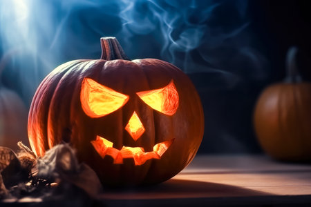 Spooky halloween pumpkin with glowing eyes and smoke is at the night close-up with bokeh background. Jack O Lantern is a symbol for Halloween. Generative AI.の素材