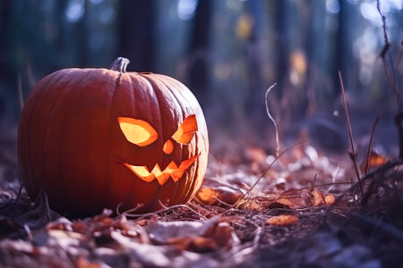 Halloween pumpkin with glowing eyes is in a mystic forest at the night close-up with bokeh background. Jack O Lantern. Generative AI.の素材