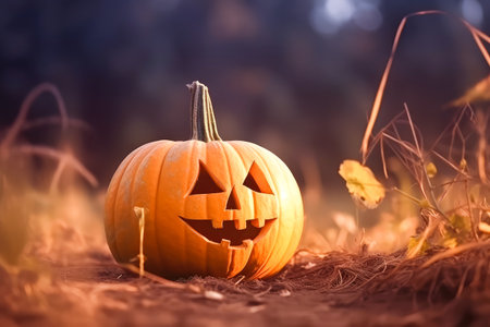 Halloween pumpkin with glowing eyes is in a mystic forest at the night close-up with bokeh background. Jack O Lantern. Generative AI.の素材