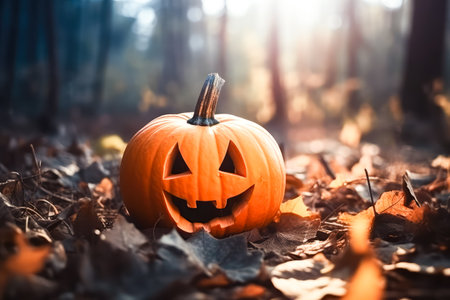 Halloween pumpkin with glowing eyes is in a mystic forest at the night close-up with bokeh background. Jack O Lantern. Generative AI.の素材