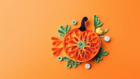 Banner with a paper pumpkin on orange background top view with copy space, halloween concept. Quilling style. Generative AI.の素材