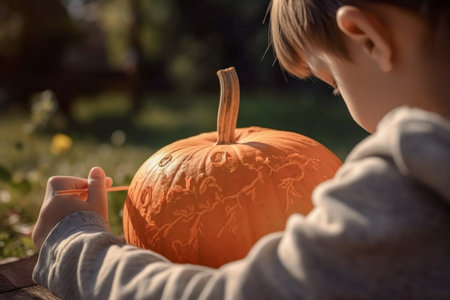 The child draws on the pumpkin, the child's hands close up. Halloween pumpkin with bokeh background. Jack O Lantern is a symbol for Halloween. Generative AIの素材