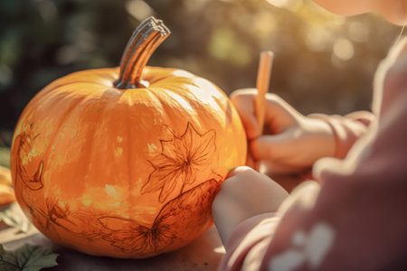 The child draws on the pumpkin, the child's hands close up. Halloween pumpkin with bokeh background. Jack O Lantern is a symbol for Halloween. Generative AIの素材