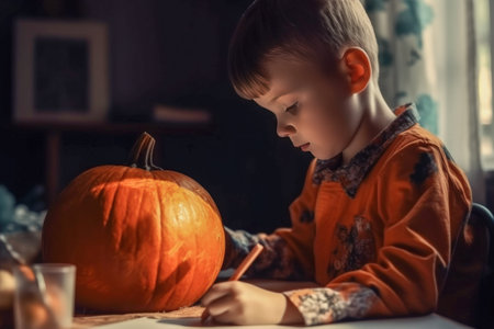 The child draws on the pumpkin, the child's hands close up. Halloween pumpkin with bokeh background. Jack O Lantern is a symbol for Halloween. Generative AIの素材