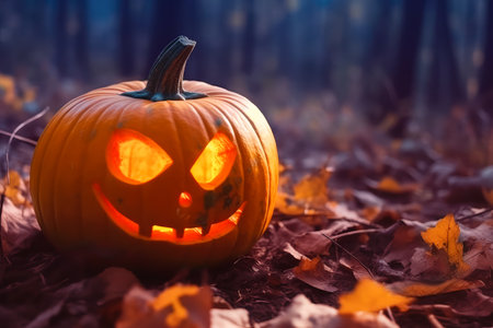 Halloween pumpkin with glowing eyes is in a mystic forest at the night close-up with bokeh background. Jack O Lantern. Generative AI.の素材