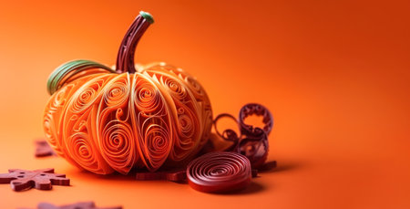 Banner with a paper pumpkin on orange background top view with copy space, halloween concept. Quilling style. Generative AI.の素材