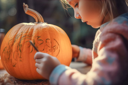 The child draws on the pumpkin, the child's hands close up. Halloween pumpkin with bokeh background. Jack O Lantern is a symbol for Halloween. Generative AIの素材