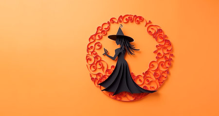 Banner with a paper witch silhouette on orange background top view with copy space, halloween concept. Quilling style. Generative AI.の素材