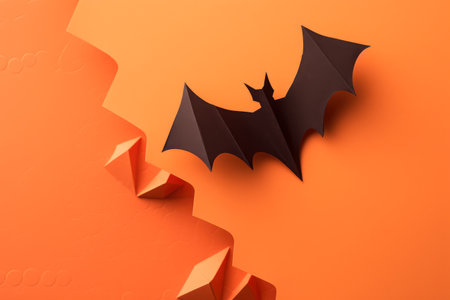 Banner with a paper bat on orange background top view with copy space, halloween concept. Generative AI.の素材