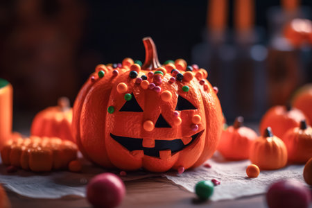 Halloween pumpkin with candies is on a table at the night close-up with bokeh background. Jack O Lantern is a symbol for Halloween. Generative AI.の素材