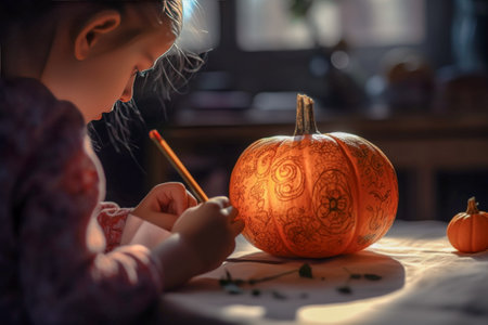 The child draws on the pumpkin, the child's hands close up. Halloween pumpkin with bokeh background. Jack O Lantern is a symbol for Halloween. Generative AIの素材