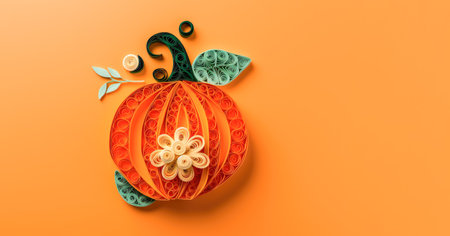 Banner with a paper pumpkin on orange background top view with copy space, halloween concept. Quilling style. Generative AI.の素材