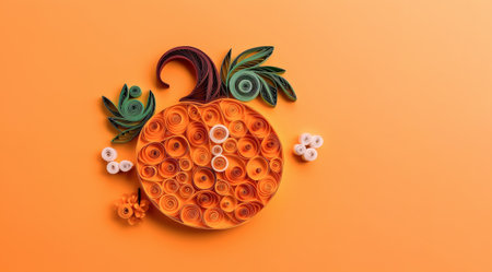 Banner with a paper pumpkin on orange background top view with copy space, halloween concept. Quilling style. Generative AI.の素材