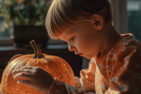 The child draws on the pumpkin, the child's hands close up. Halloween pumpkin with bokeh background. Jack O Lantern is a symbol for Halloween. Generative AIの素材