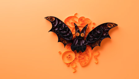 Banner with a paper bat on orange background top view with copy space, halloween concept. Quilling style. Generative AI.の素材