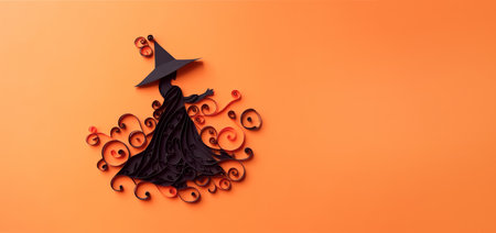 Banner with a paper witch silhouette on orange background top view with copy space, halloween concept. Quilling style. Generative AI.の素材