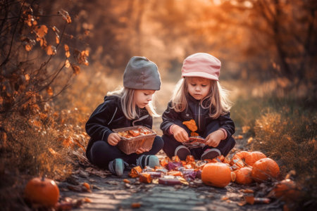 Girls holding Halloween sweets. Halloween pumpkins is candies. Jack O Lantern is a symbol for Halloween. Generative AI.の素材