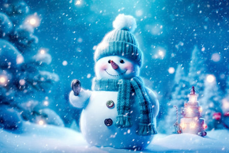 Banner with white snowman closeup on blue background, top view. Merry Christmas and Happy New Year holiday concept.の素材