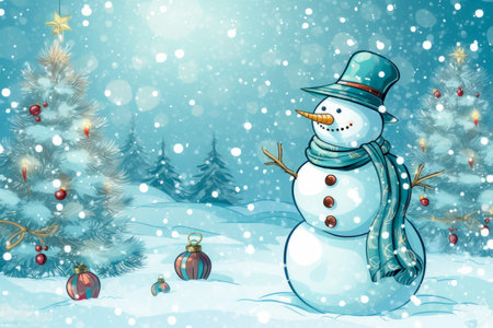 Banner with white snowman closeup on blue background, top view. Merry Christmas and Happy New Year holiday concept.の素材