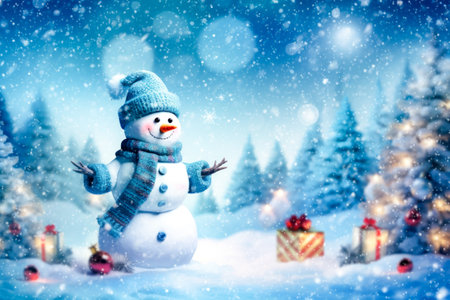 Banner with white snowman closeup on blue background, top view. Merry Christmas and Happy New Year holiday concept.の素材