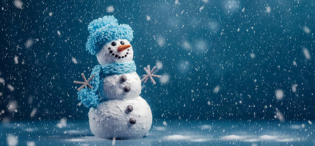 Banner with white snowman closeup on blue background, top view. Merry Christmas and Happy New Year holiday concept.の素材