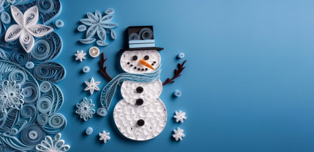 Banner with white quilling snowman closeup on blue background, top view. Merry Christmas and Happy New Year holiday concept.の素材