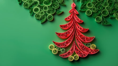 Banner with quilling red christmas tree closeup on green background, top view. Merry Christmas and Happy New Year holiday concept. Generated by AI.の素材