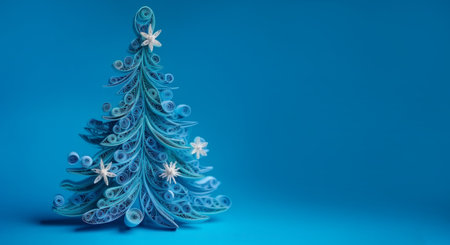 Banner with quilling christmas tree closeup on blue background, top view. Merry Christmas and Happy New Year holiday concept. Generated by AI.の素材
