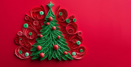 Banner with quilling christmas tree closeup on red background, top view. Merry Christmas and Happy New Year holiday concept. Generated by AI.の素材