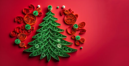 Banner with quilling christmas tree closeup on red background, top view. Merry Christmas and Happy New Year holiday concept. Generated by AI.の素材