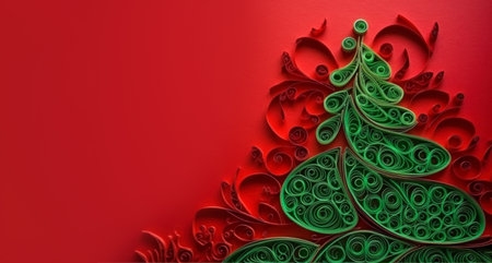 Banner with quilling christmas tree closeup on red background, top view. Merry Christmas and Happy New Year holiday concept. Generated by AI.の素材